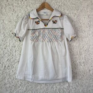 Sears VTG Smocked dress tunic Girls 7/8 White Rainbow Butterfly Retro Kidcore